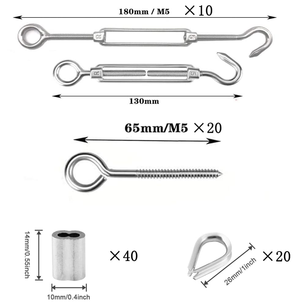 TooTaci 3mm Drahtseil Spanner Set,10 Stück M5 Seilspanner Spannschloss Edelstahl, 20 Stück M5 ösen s