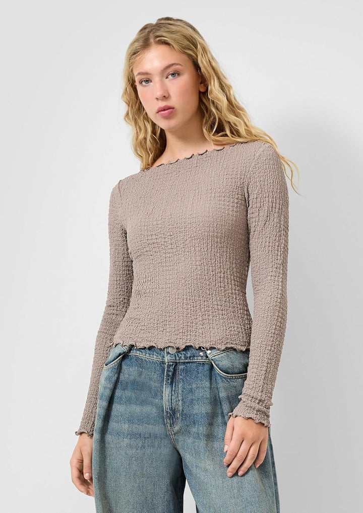 QS Damen Strukturiertes Langarmshirt T-Shirt Langarm XL 9625_hellbraun, XL 9625_hellbraun