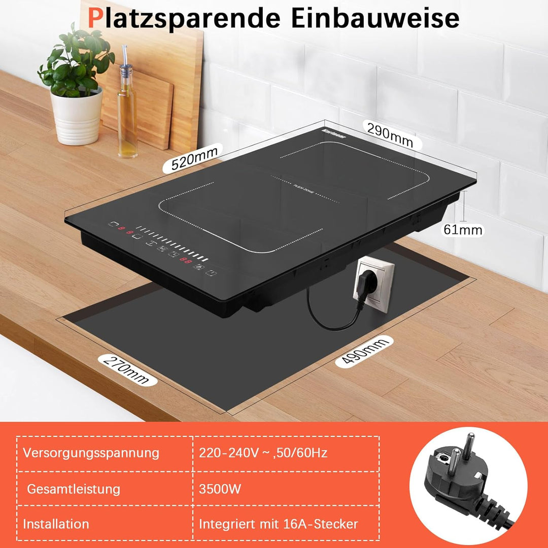 Karinear Induktionsfeld 30cm Flexzonen mit Stecker, Induktionskochfeld 2 Platten Einbau, Induktion K