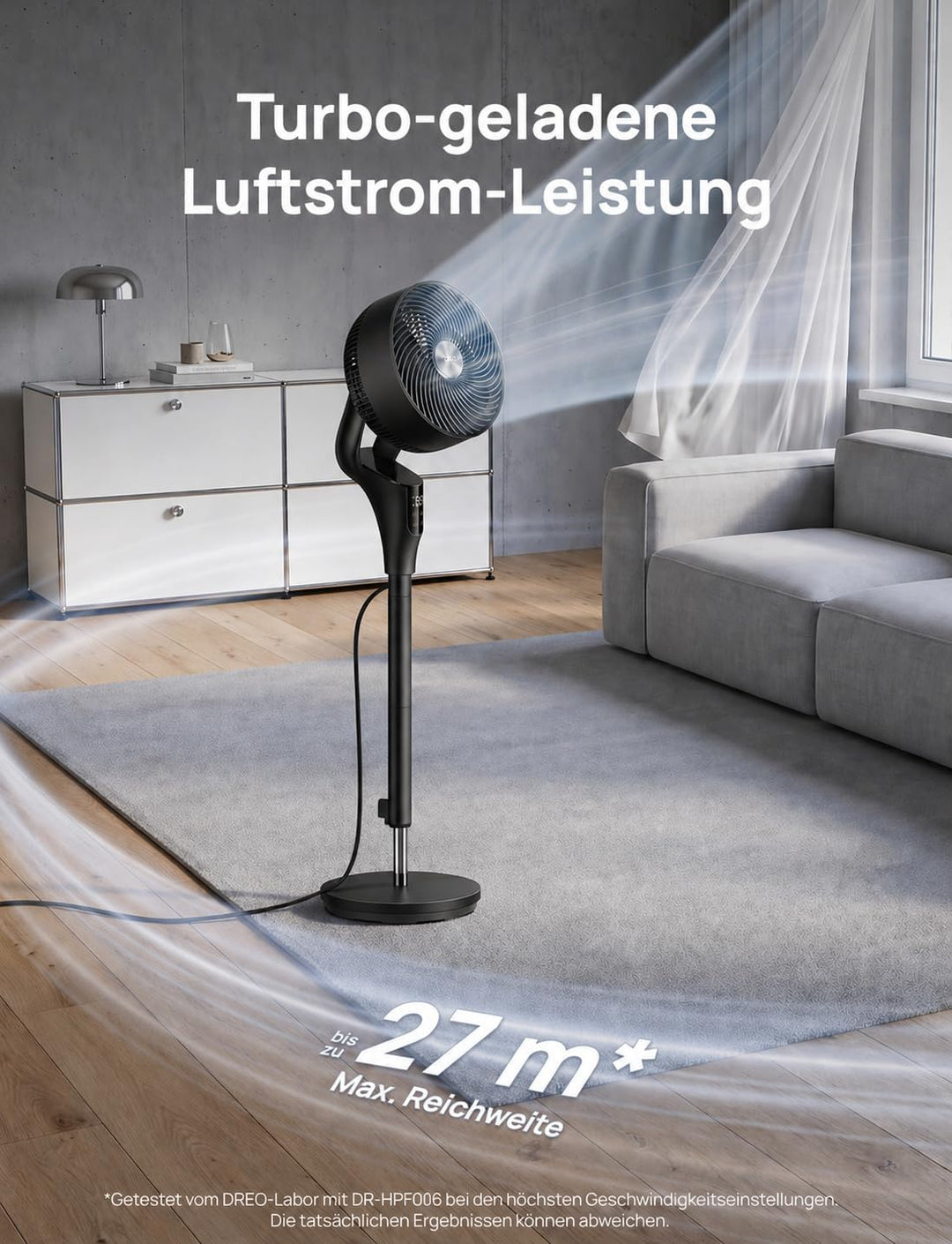 Dreo Leiser Standventilator, 1444m³/h Luftvolumen oszillierende Ventilator, 3 Stufen 6H Timer Turmve