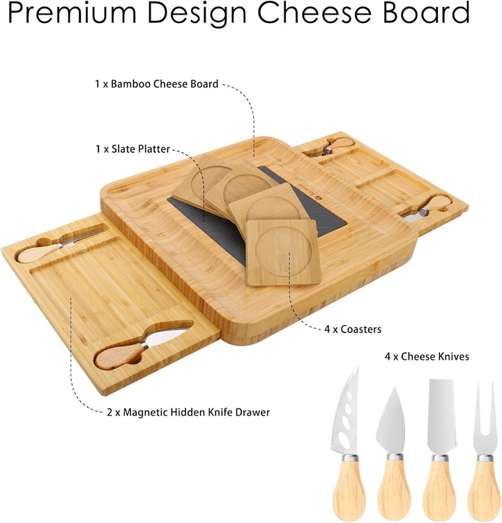 Todeco Bambus-Käsebrett mit Käsemesser Set, Charcuterie Board, mit 4 Käse-Messern, Ausziehbarer Schu