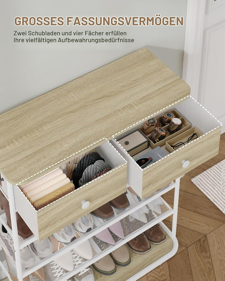 Hzuaneri Schuhregal, Schuhablage mit 5 Ebenen, Schuhregal Gross mit 2 Stoffschubladen, 3 Gittern, Ve