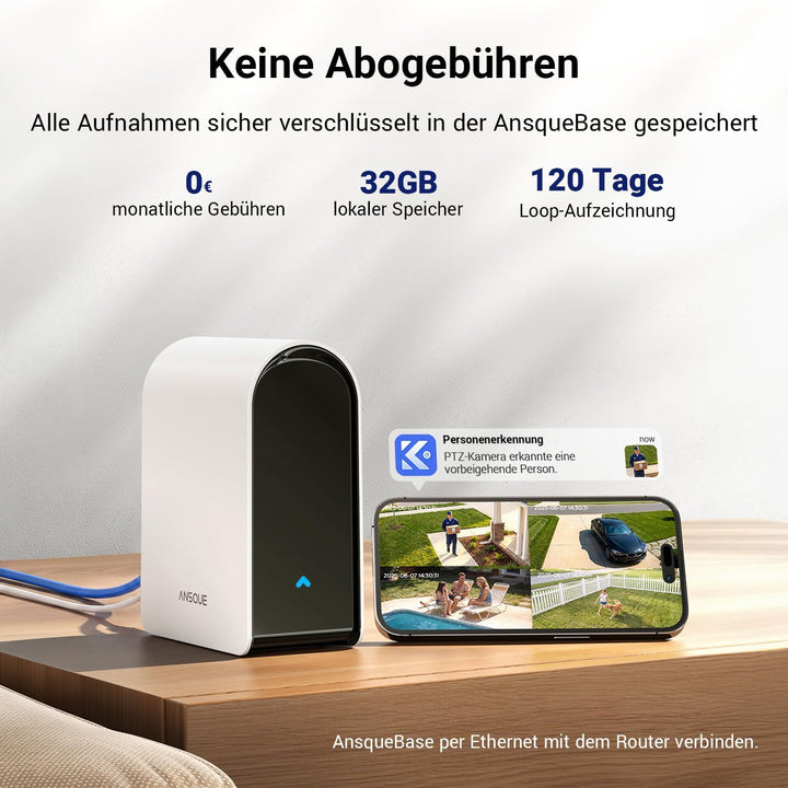 ANSQUE Überwachungskamera Aussen Solar Akku, 4er Set mit AnsqueBase, Ohne Abonnement, 32GB Lokalspei