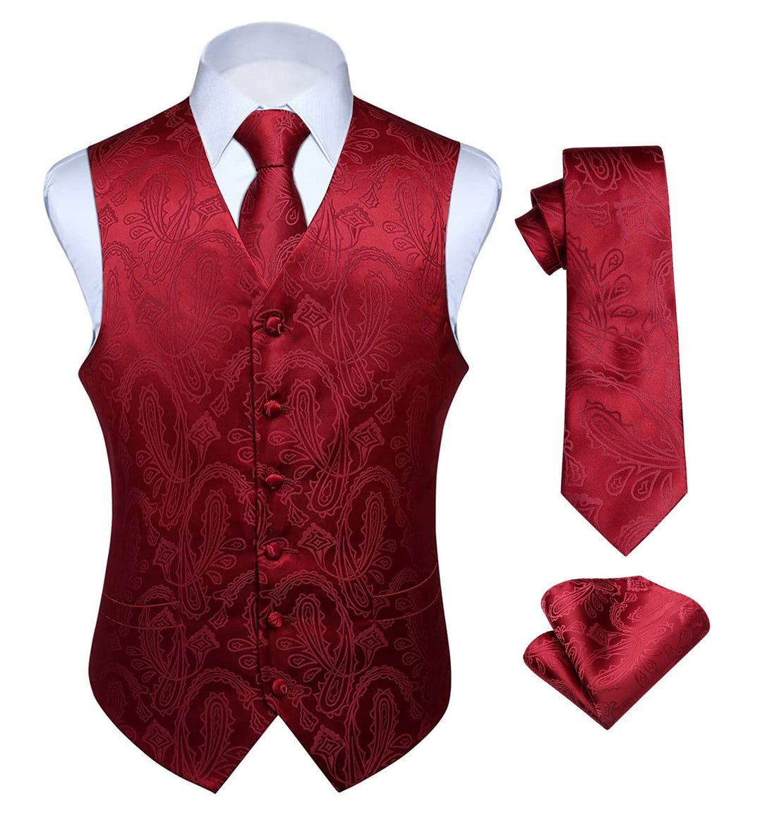 HISDERN Herren FLoral Hochzeit Weste Krawatte Einstecktuch Taschentuch Jacquard Weste Anzug Set M Bu