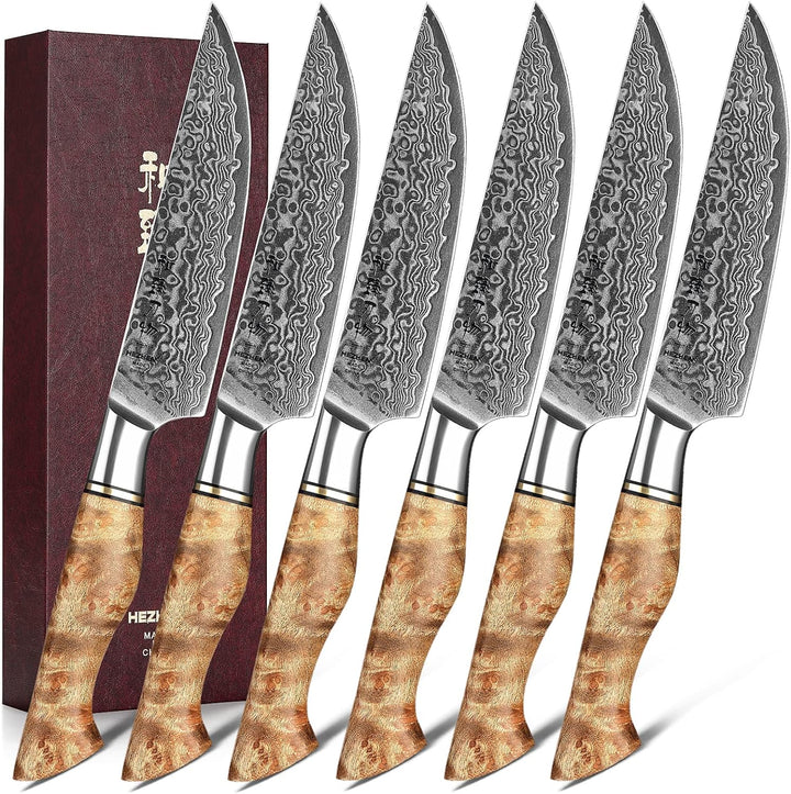 HEZHEN 6PCS Damaskus-Steakmesser Küchenmesser-Set Professionelles geschmiedetes mit hohem Kohlenstof