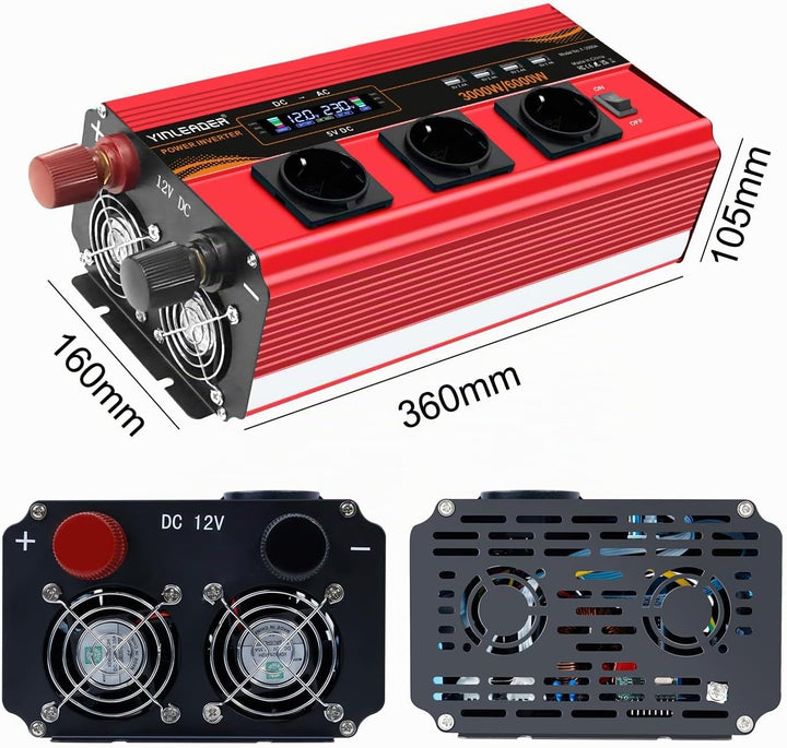 Wechselrichter 12V 230V 3000W /6000W Wechselrichter Fernbedienung 4X USB und LCD 3 AC Steckdosen Mod