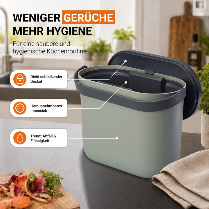 GARANTIA NOVA Biomülleimer Küche 8L Agave/Graphite Grey - Geruchsdichter Komposteimer für Küchenabfä