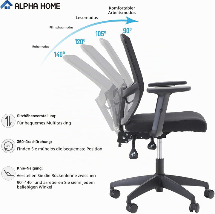 ALPHA HOME Bürostuhl Ergonomischer Schreibtischstuhl Höhenverstellbar Drehstuhl Ergonomisch Computer