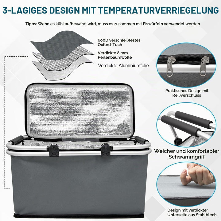 Einkaufskorb 30L, grosse Kühltaшаche, thermokorb mit Alurahmen, isoliert mit Deckel für Reisen, Pick