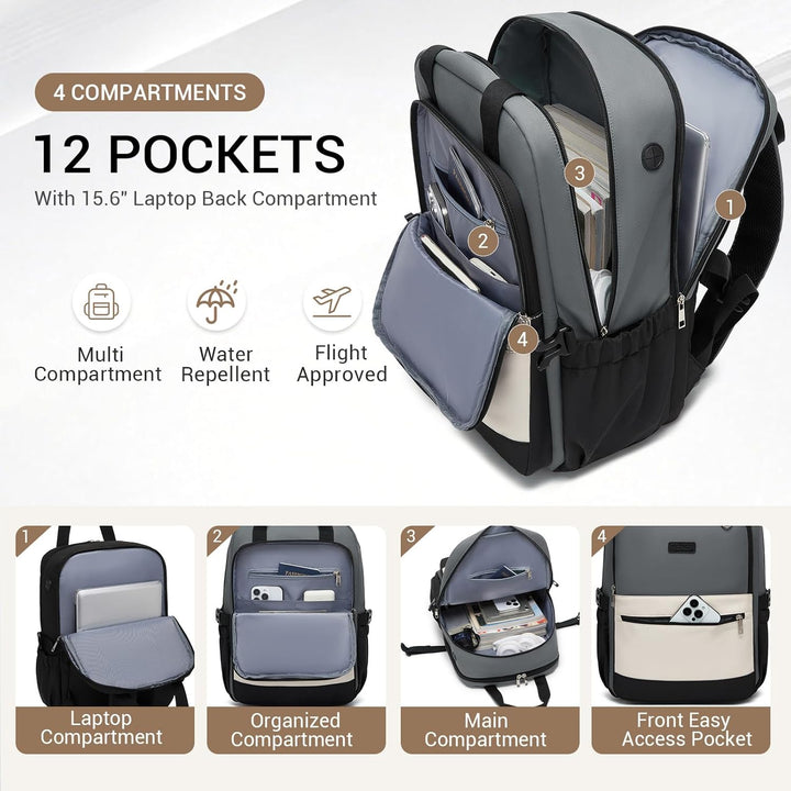 KONO Rucksack Damen 15,6 Zoll Laptop Rucksack, Geräumiger Wasserabweisender Schulrucksack mit Flasch