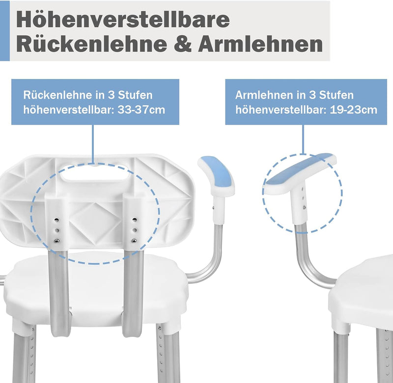 UISEBRT Duschstuhl mit Armlehne und Rückenlehne, Duschhocker Höhenverstellbar Badhocker, mit Anti-Ru