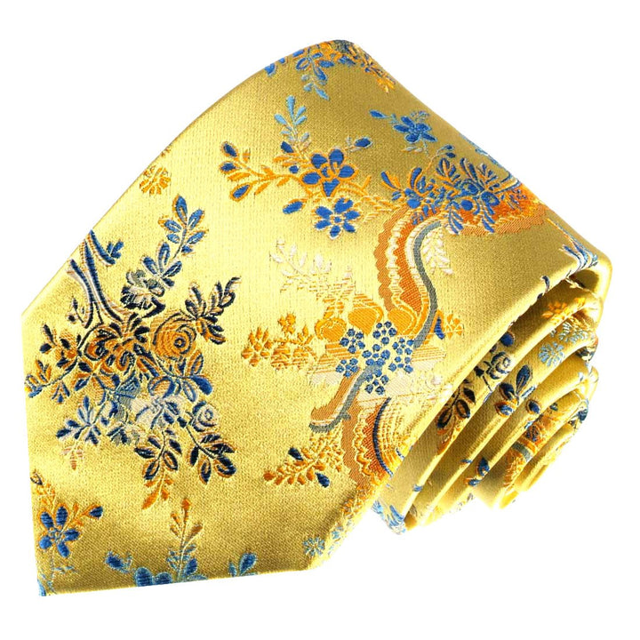 Lorenzo Cana - Marken Krawatte aus 100% Seide - blau gold floral Blumen Hochzeit Trauung Fest - 8438