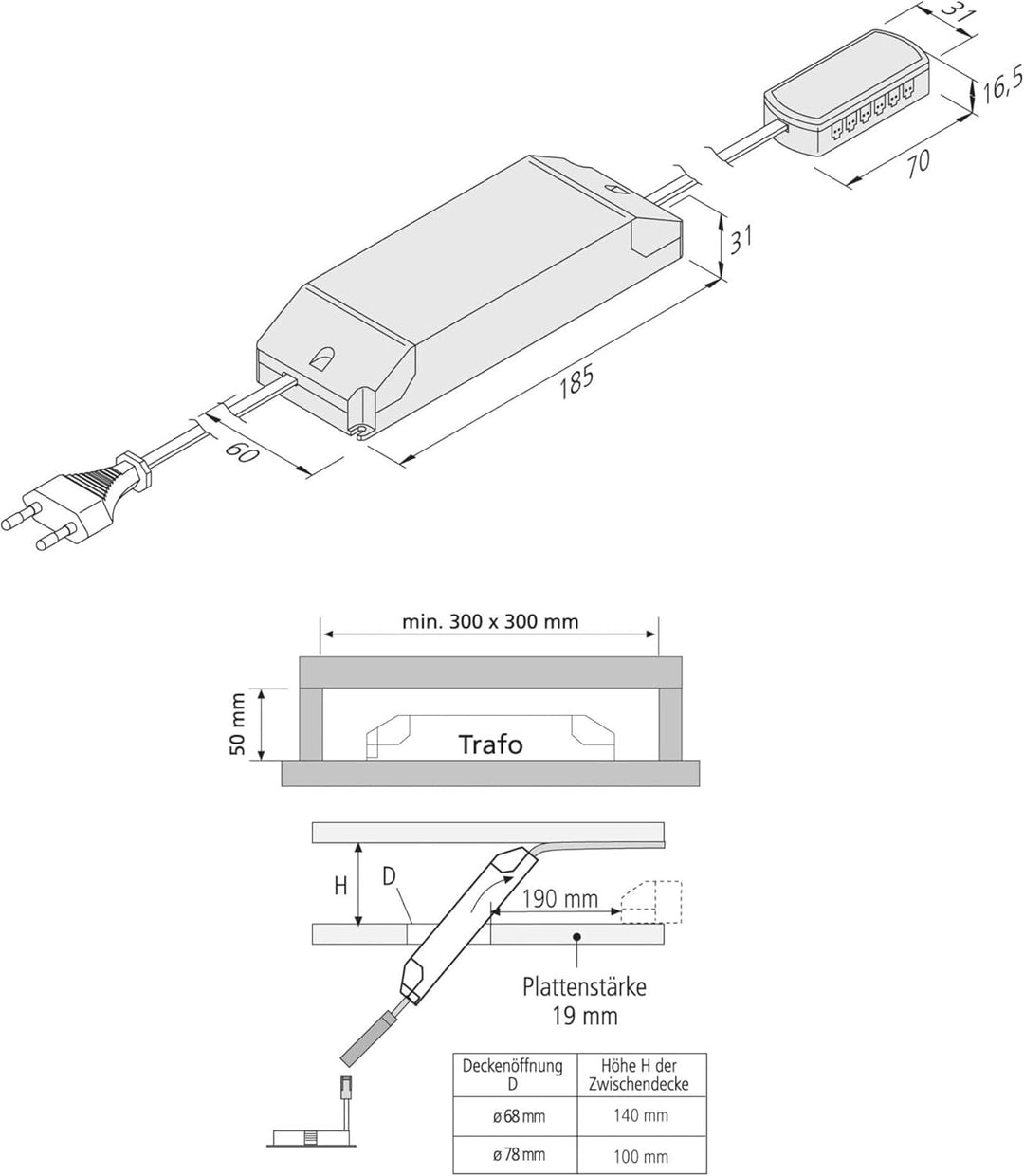 Trafo LED 24/100W Netzanschlussleitung HERA 20604003301