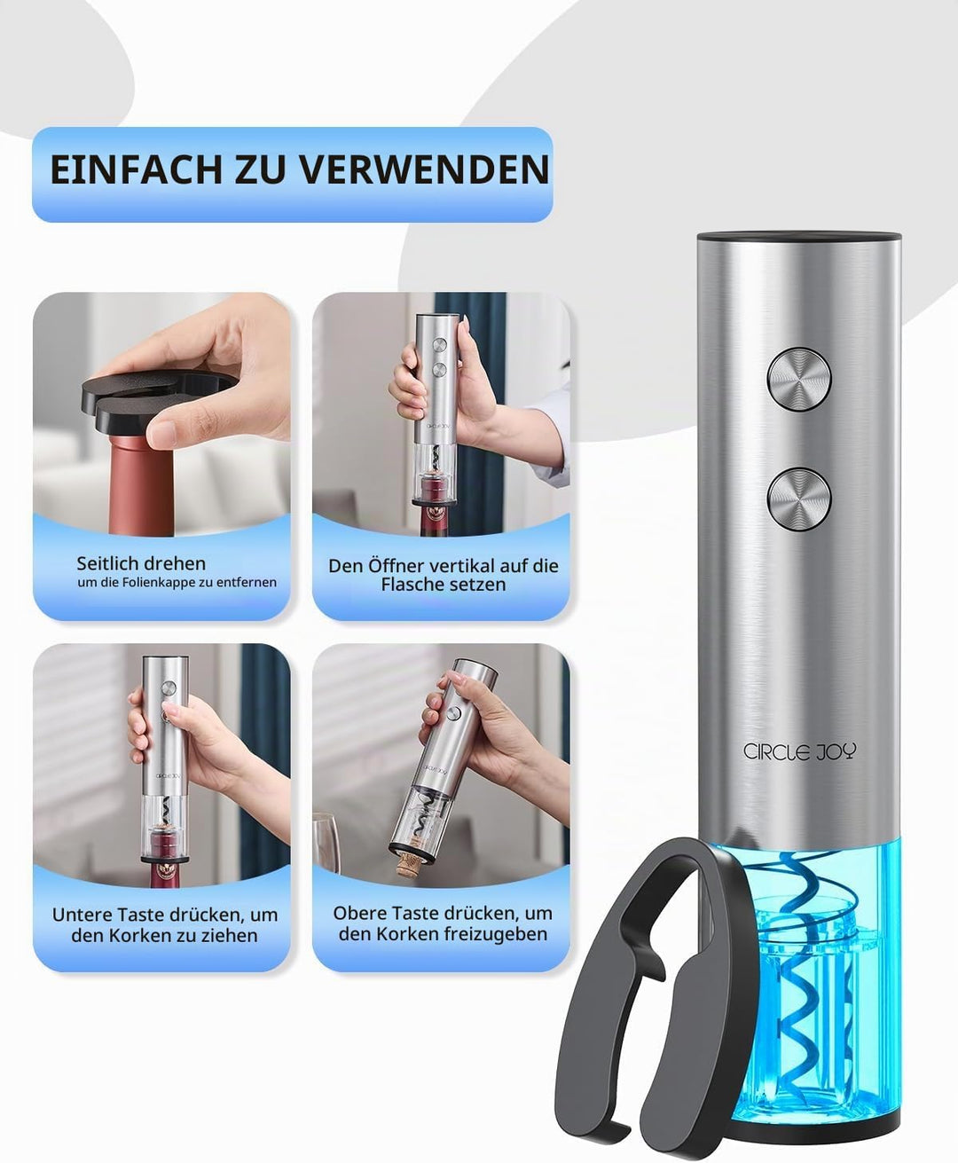 CIRCLE JOY Elektrischer wiederaufladbarer Weinflaschenöffner mit Folienschneider, LED-Licht, automat