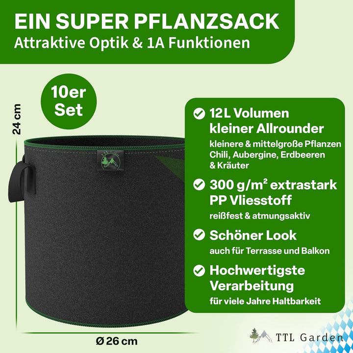 TTL GARDEN 10x 12L Pflanzsack aus Vlies Stoff aus 300 g/m² Filz &amp; Vlies - | Stofftopf 10er Set 12 Li