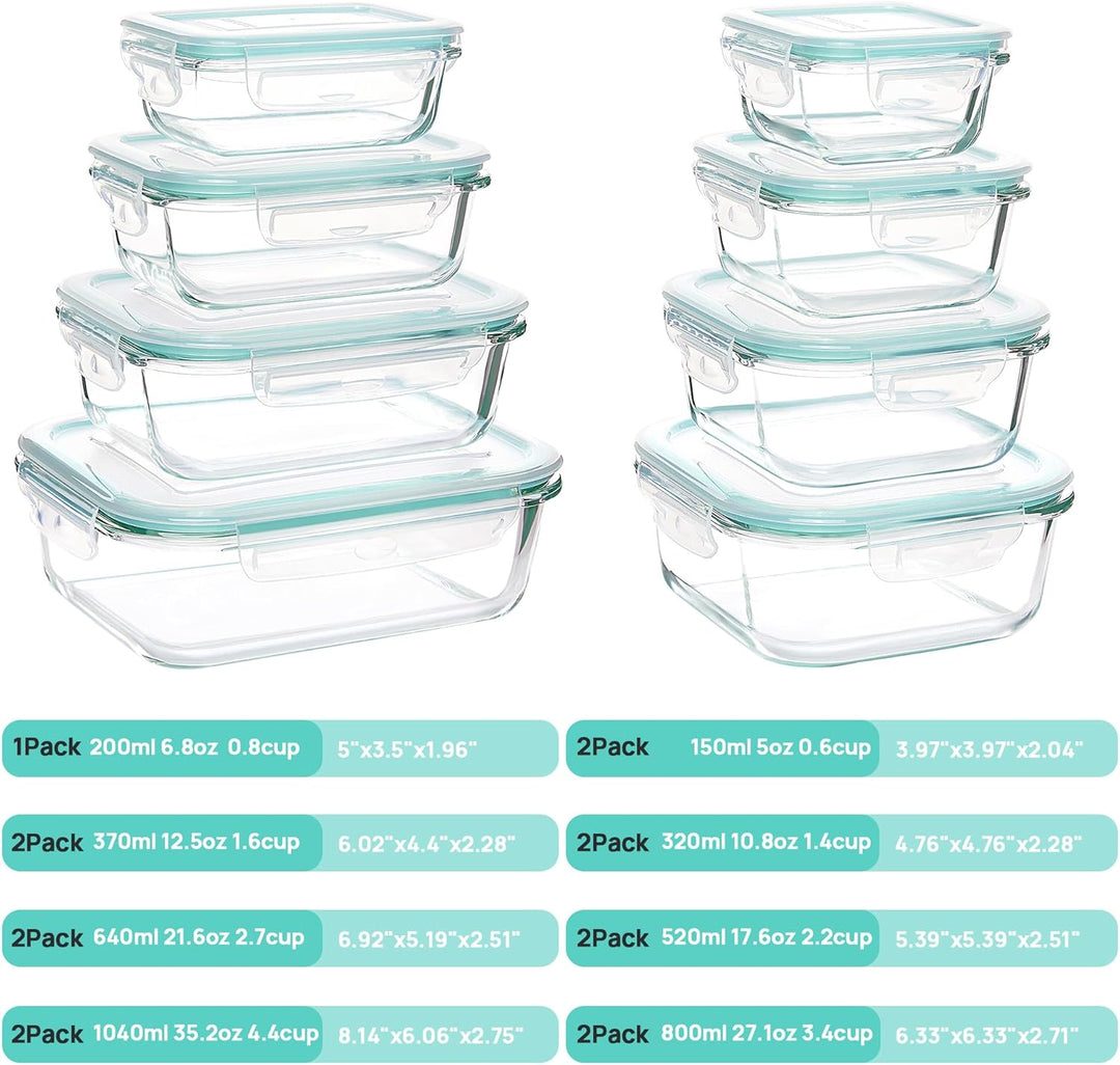 Vtopmart 15 Stück Meal Prep Boxen Glas, Glasdosen mit Deckel Set, Frischhaltedosen Glas mit Auslaufs