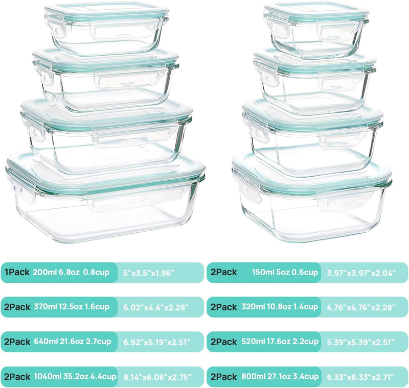 Vtopmart 15 Stück Meal Prep Boxen Glas, Glasdosen mit Deckel Set, Frischhaltedosen Glas mit Auslaufs