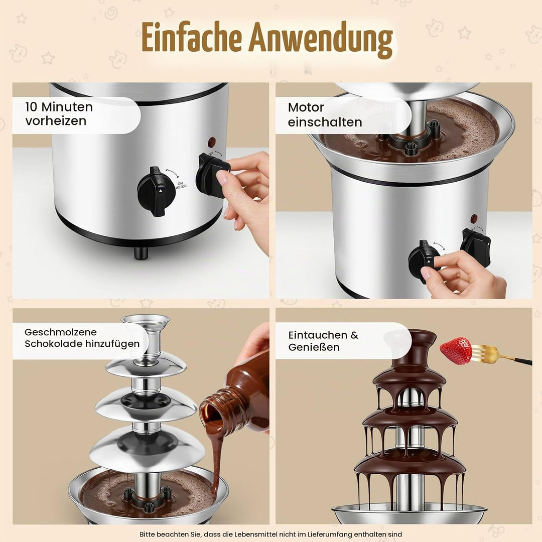 Schokoladenbrunnen Edelstahl, 4-Etagen mit Schmelzfunktion, 170W &amp; 1.8L Kapazität, Elektrischer Scho