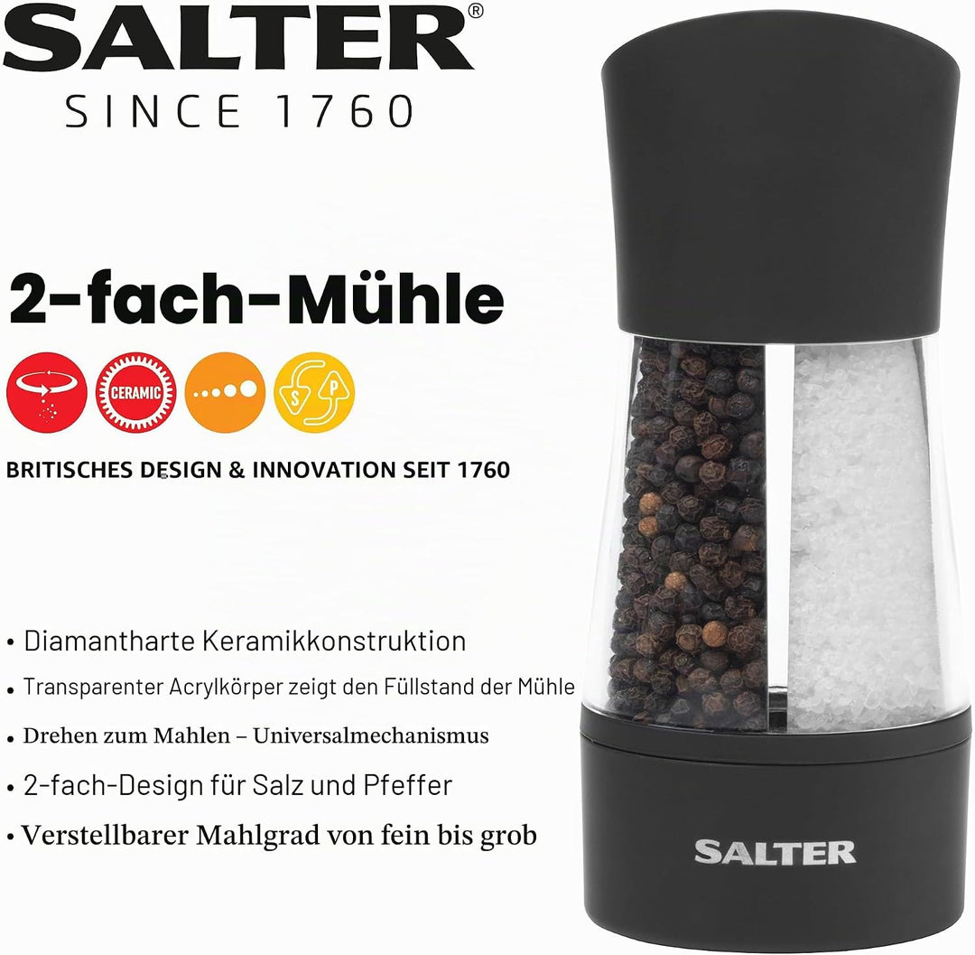 Salter 7612 BKXRA 2-in-1 Salz- & Pfeffermühle - Dual Küchenmühle, Doppelseitige Gewürzmühle, Twist-