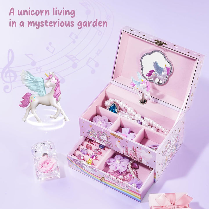 ProCase Kinder Musik Box Schmuckkästchen mit Spieluhr Einhorn & Konservierte Blumen, Schmuckschatull