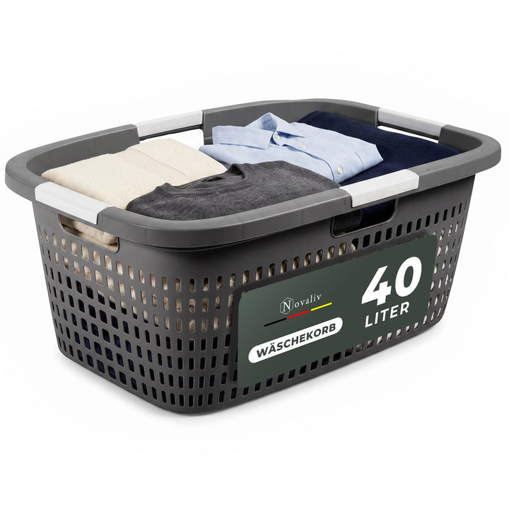 Novaliv Wäschekorb mit 4 Griffen 40L Anthrazit, Wäschebox Set Wäscheeimer Wäschebehälter für Bad Wäs