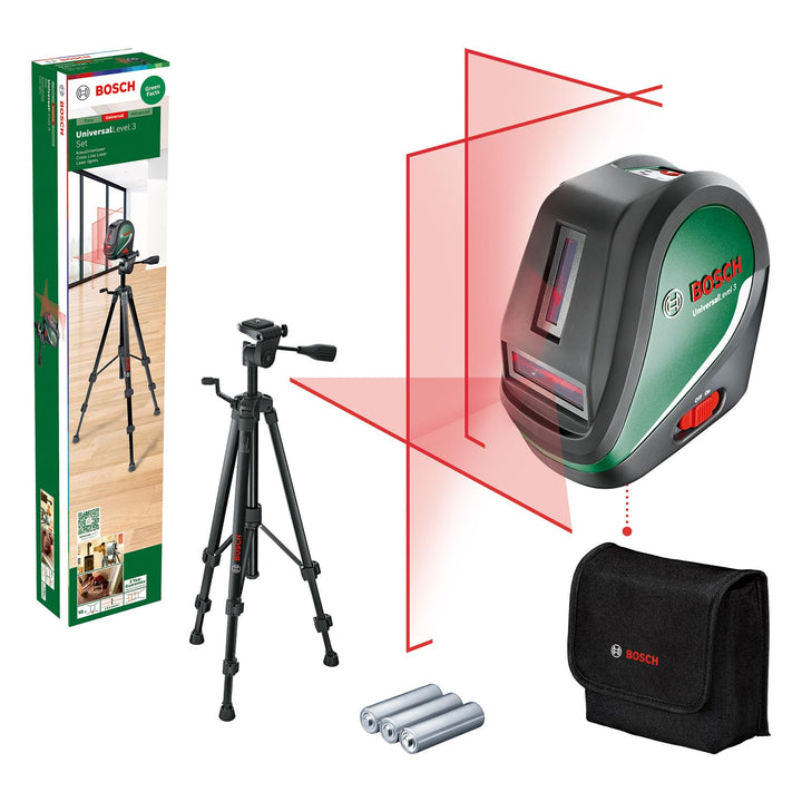 Bosch Kreuzlinienlaser UniversalLevel 3 mit Stativ (Laserkreuz mit Vertikallinie im 90°-Winkel für e