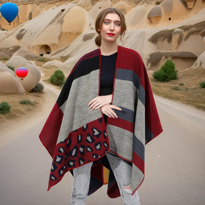 Shmily Girl - Damen Poncho Habe Gestrickt Überdimensionalen Decke Kap-Schal Leopard / Rot, Leopard /