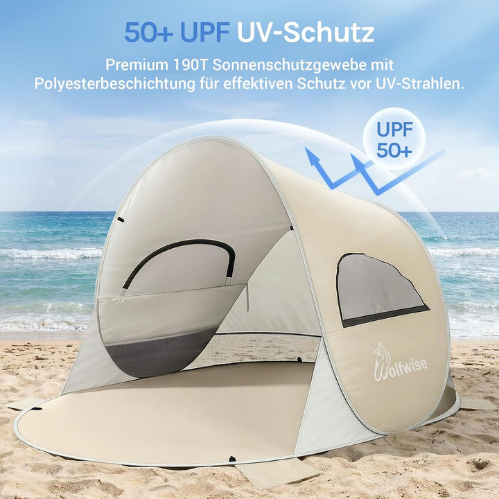 Wolfwise Pop Up Strandmuschel für 3-4 Personen, Sofort Aufbau, UV-Schutz 50+, Wasserabweisend, Belüf