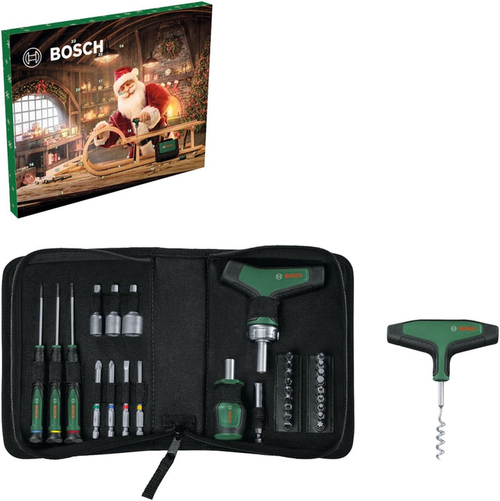Bosch Handwerkzeug-Adventskalender 2024, 33-teilig (Werkzeug-Set mit Bit-Ratschenschraubendreher T-G