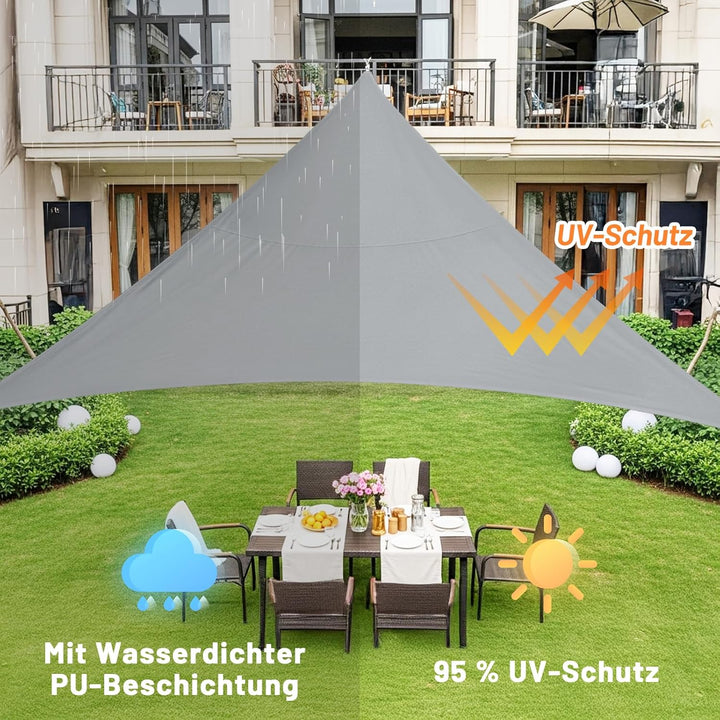 LOVE STORY Sonnensegel Dreieckig 4x4x4m Wasserdicht Hellgrau Sonnenschutz Windschutz Segel PES Polye