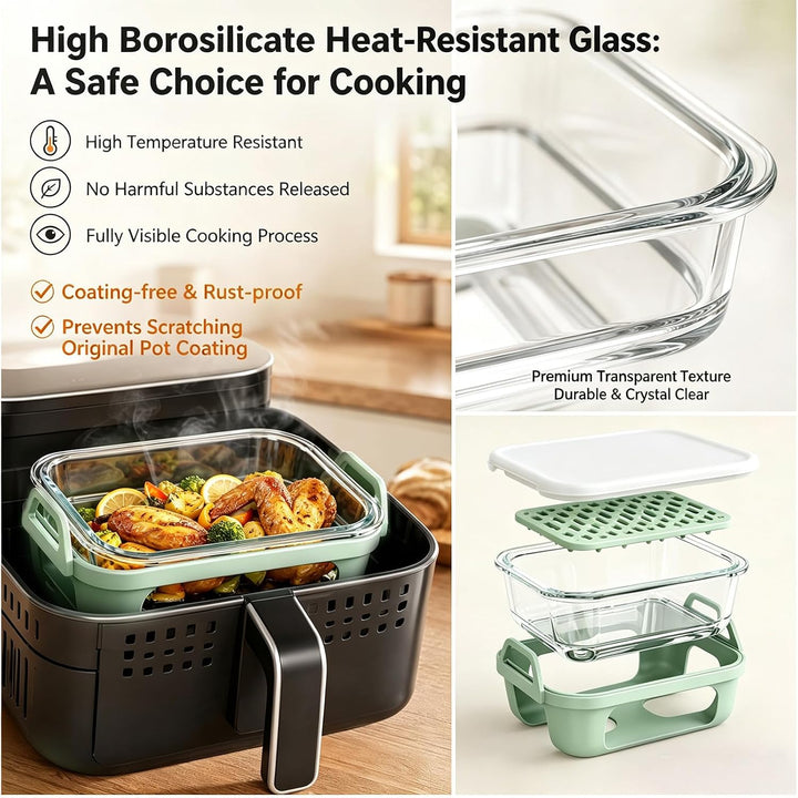 Glas Auflaufform für Airfryer, für Ninja/Cosori Heissluftfritteuse Zubehör mit Silikon-Innen, Auflau