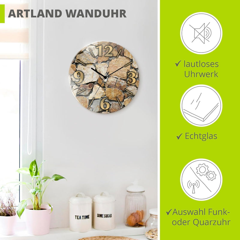 ARTLAND Wanduhr ohne Tickgeräusche aus Glas Funkuhr Ø 30 cm Rund Lautlos Ø 30 cm Braune Steinwand T9