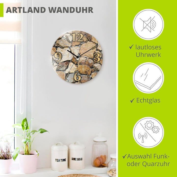 ARTLAND Wanddeko Wanduhr ohne Tickgeräusche aus Glas Quarzuhr Ø 30 cm Rund Lautlos Ø 30 cm Braune St