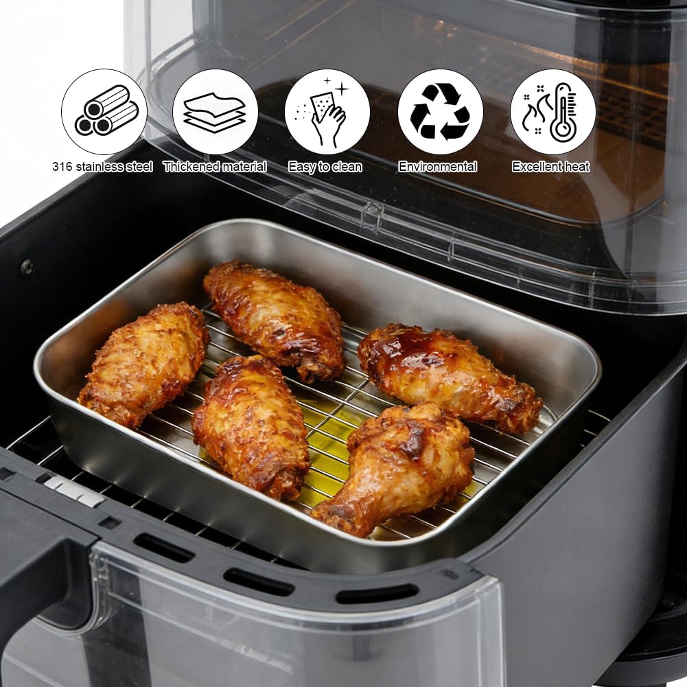 Edelstahl Auflaufform für Airfryer, Bratblech mit Gestell, Dichtdeckel und Hitze-Schutzgriffen, Robu