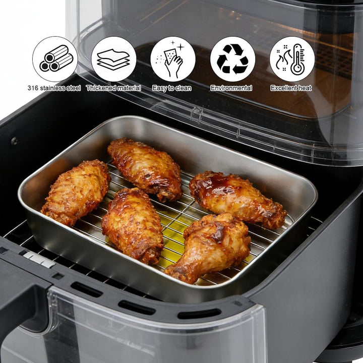 Edelstahl Auflaufform für Airfryer, Bratblech mit Gestell, Dichtdeckel und Hitze-Schutzgriffen, Robu