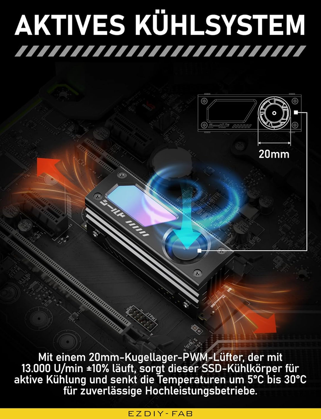 EZDIY-FAB Shield ARGB M.2 SSD-Kühler mit 20mm PWM-Lüfter, Premium-Aluminium-Design, 5V 3-Pin ARGB Sy