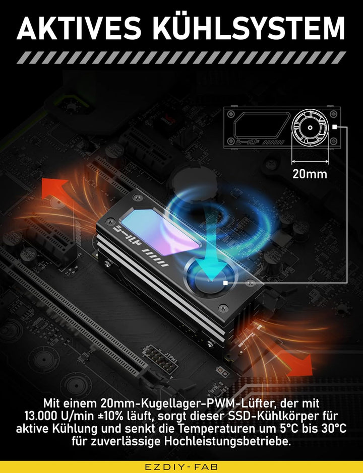 EZDIY-FAB Shield ARGB M.2 SSD-Kühler mit 20mm PWM-Lüfter, Premium-Aluminium-Design, 5V 3-Pin ARGB Sy