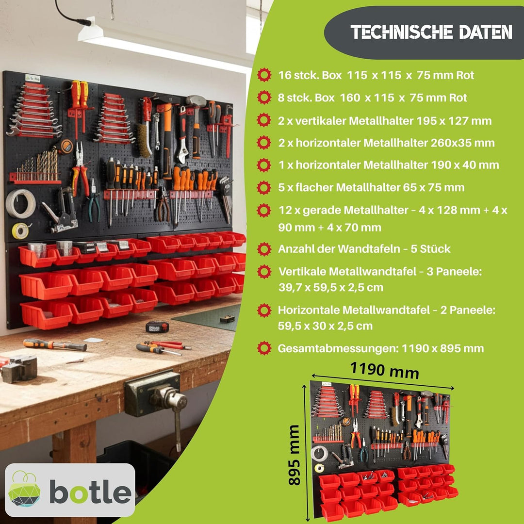 botle® Werkzeugwand Lochwand aus Metall, Stapelboxen + Wandregal + Werkzeughalter 51-tlg Set, Kleint