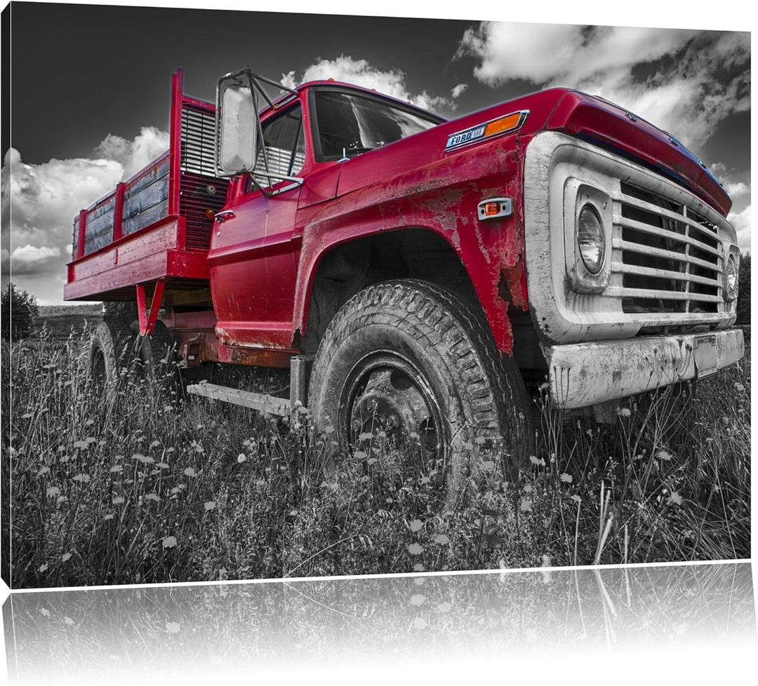 Pixxprint Truck in USA auf Blumenwiese 100x70cm Leinwandbild Wandbild Kunstdruck, 100x70