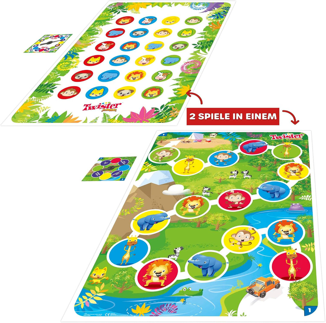 Hasbro Twister Junior Spiel, Tierisches Vergnügen, doppelseitige Matte, 2 Spiele in einem, Partyspie
