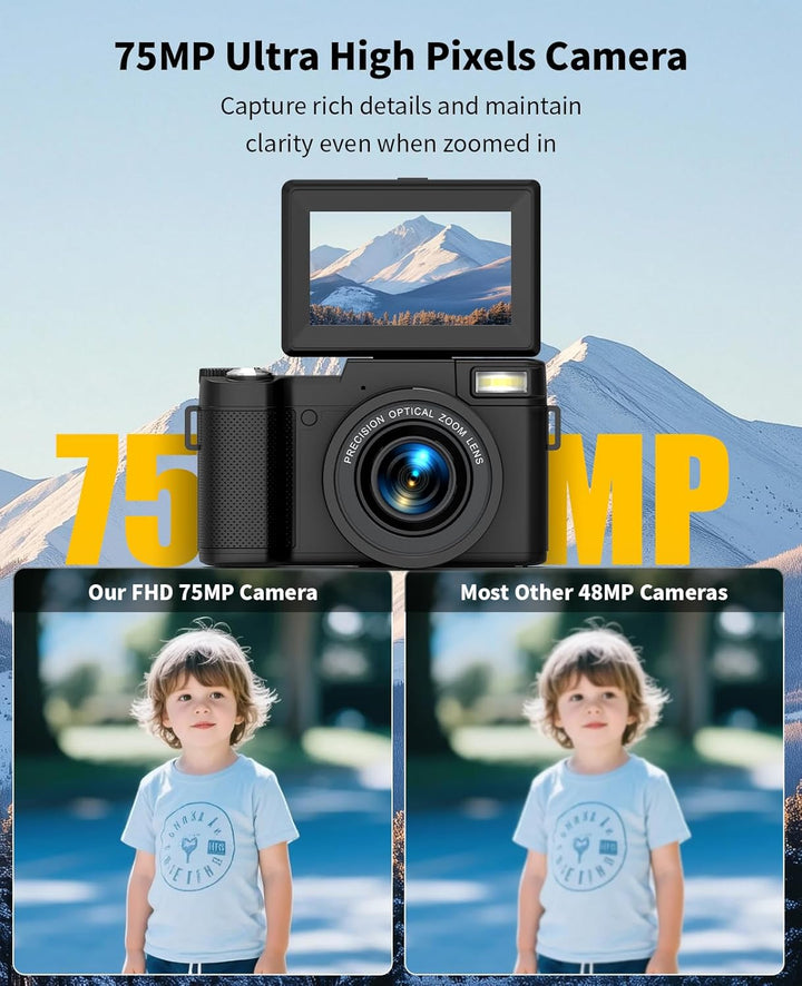 Longyi Digitalkamera 6K 75MP Kamera Fotokamera mit 8X Optischem Zoom, Anti-Shake, Autofokus Vlogging