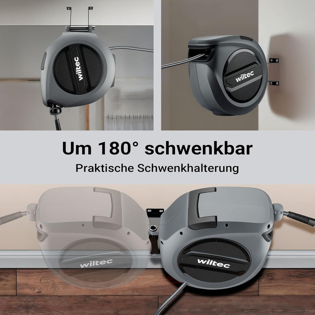 Wiltec Druckluft Schlauchtrommel 20 m, automatische Druckluftschlauchtrommel PP, 17 bar Drucklufttro