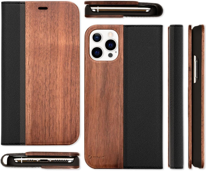 NALIA Echt-Holz Flipcase kompatibel mit iPhone 13 Pro Max Hülle, FSC zert. Natur Holzhülle mit Stand
