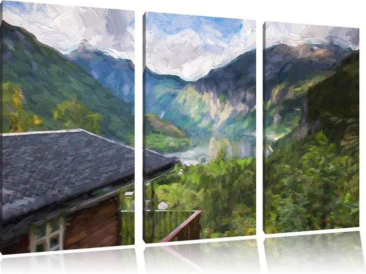 Pixxprint Hütte in Umgebung als Leinwandbild | Grösse: 3 Teilig (120x80) | Wandbild| Kunstdruck | fe