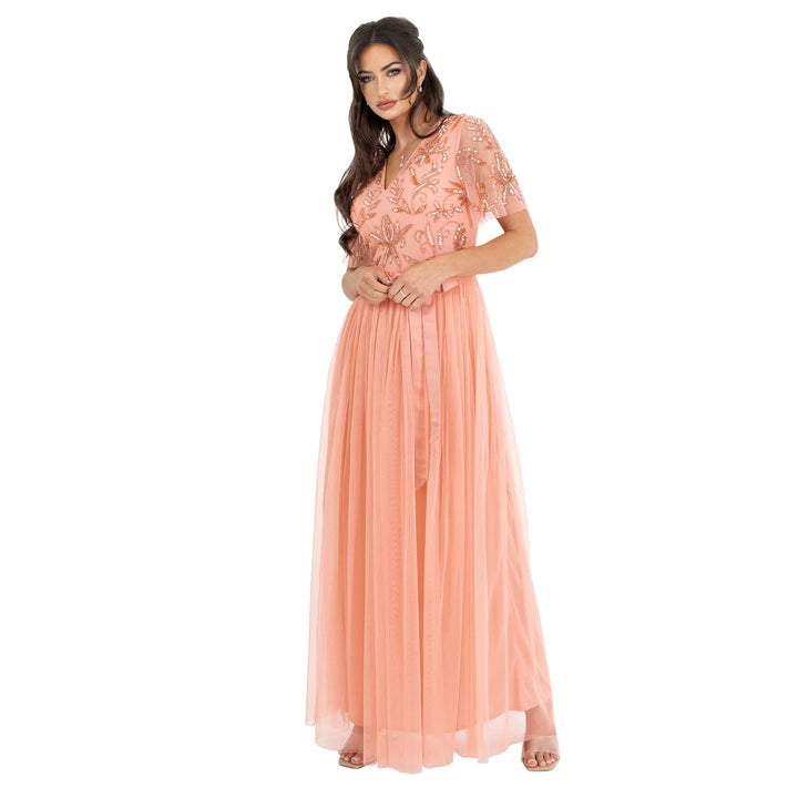 Maya Deluxe Damen Womens Maxi Dress Ladies Ball Gown for Wedding Guest Embellished Tie Waist V Neck