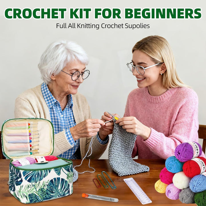 TOSUTO Häkelset für Anfänger,Tragbar Häkelnadel mit 12 Wolle,Häkelwolle Set,Stricken für Anfänger Se