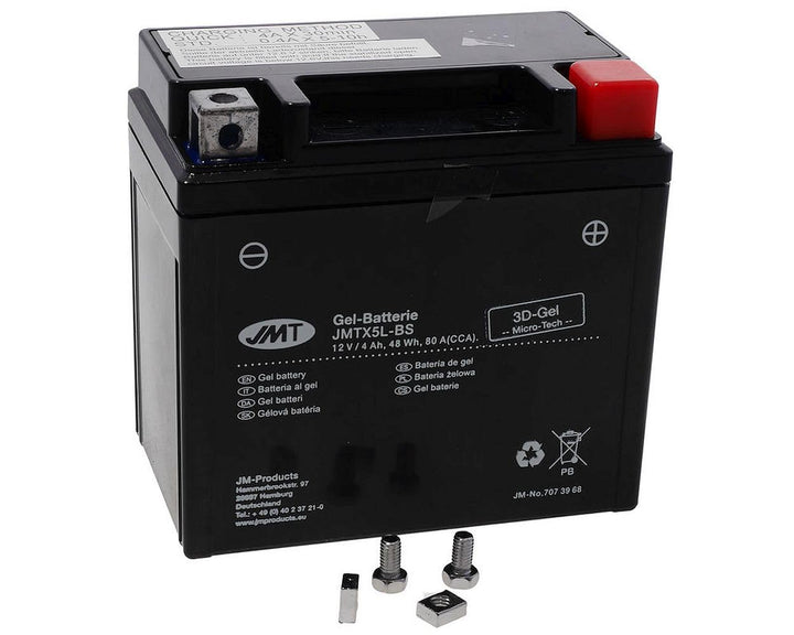 JMT Batterie 12 V 5 Ah (YTX5L-BS) [wartungsfrei &amp; versiegelt] kompatibel für Aprilia SR 50 LC Ditech