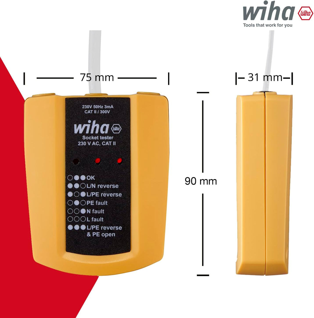 Wiha Steckdosentester 230 V AC, CAT II inkl. 2x AAA-Batterien I mit flexiblem Kabel I LED-Anzeige (4