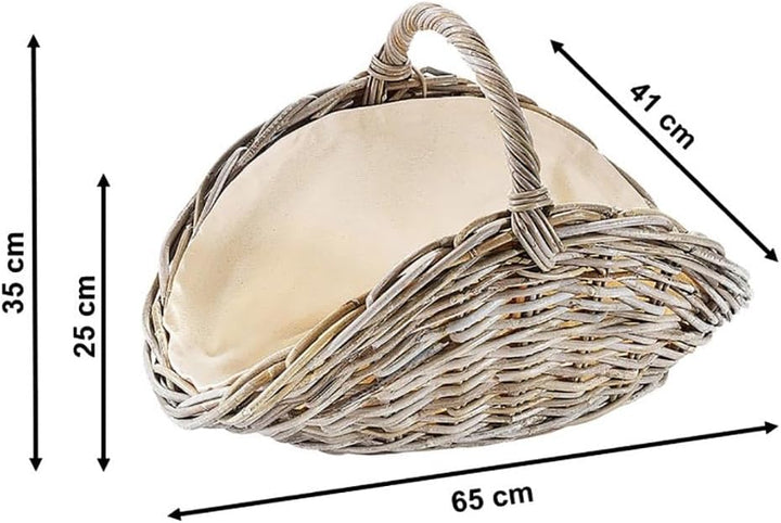 Kobolo Kaminholzkorb oval Kubu grey aus Rattan mit Henkel und Leinen ausgeschlagen Grau Leinen, Grau