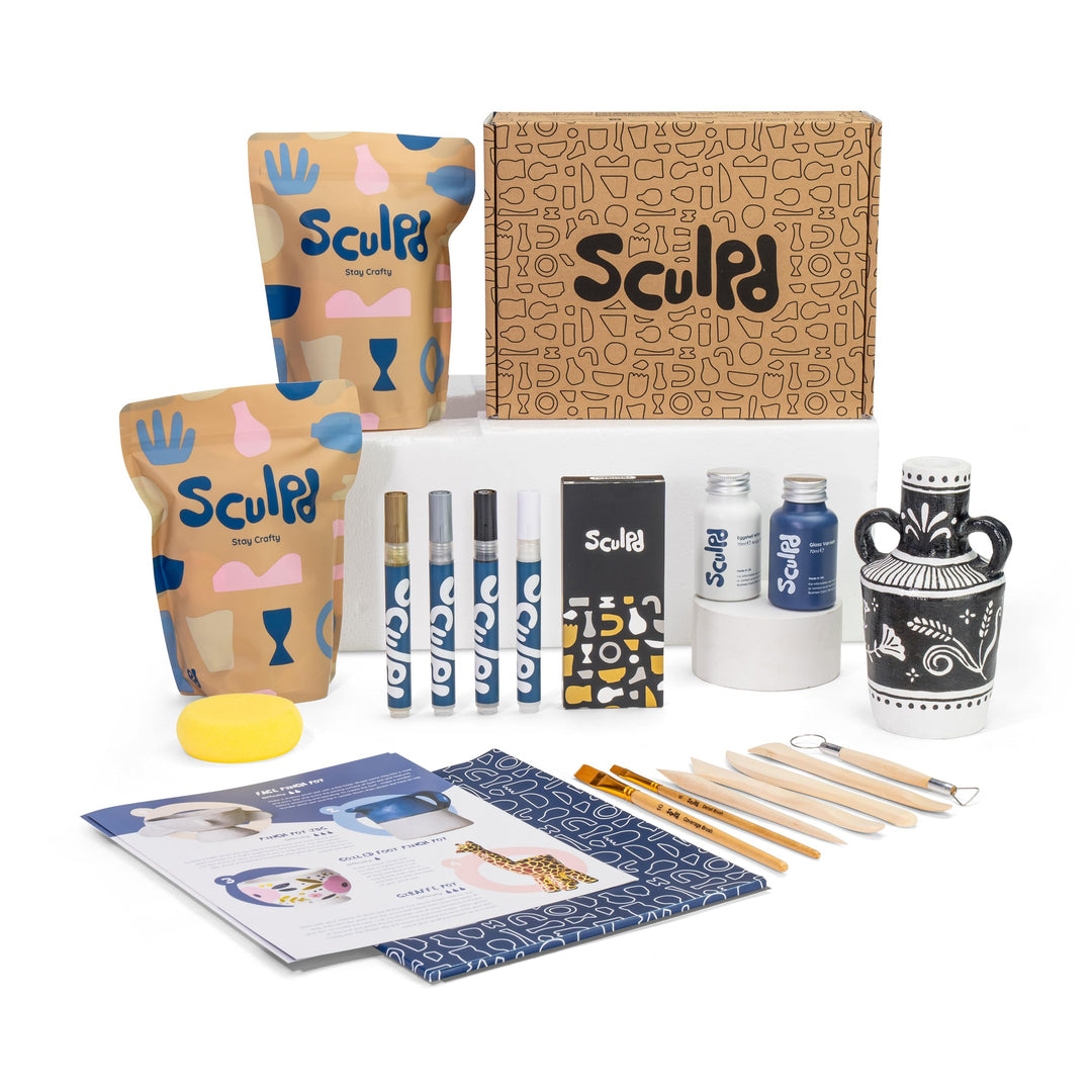 Sculpd Töpferei-Set, lufttrocknender Ton, Starter-Set für Anfänger mit Acrylfarben-Stift-Set, Töpfer